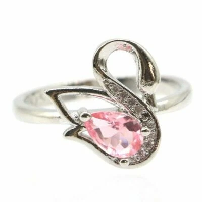 Anello Giovanile Argento IN Forma Da Cigno Con Pietra Morganite Rosa E Zirconia - Immagine 1 di 4