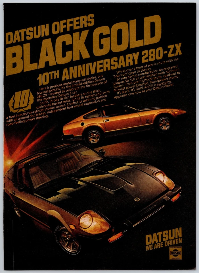 Anuncio impreso Nissan Datsun 280-ZX 1980 ofertas negro dorado décimo aniversario Foto 1 de 1