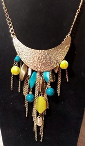 NEW NEW YORK & CO GOLDTONE BAR FRINGE STATEMENT NECKLACE, BLUE GREEN SIGNED NWTS - Picture 1 of 11