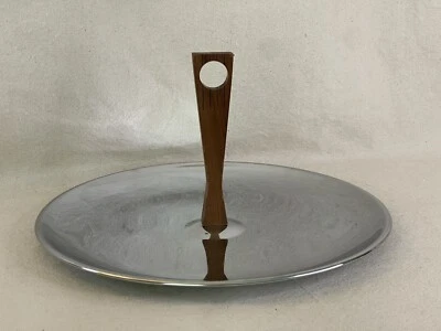 VTG Serving Tray Mid Century Modern Kromex Round Chrome W/Teak Wood Handle 13” - Image 1 of 4