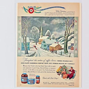 Cartel publicitario impreso café Maxwell House 1947 escena de invierno de vacaciones decoración coleccionable - Imagen 1 de 2