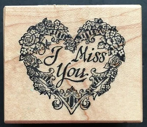 I MISS YOU WORD SENTIMENT FLOWER FILLED HEART WREATH PSX E-060 Wood Rubber Stamp - Picture 1 of 3
