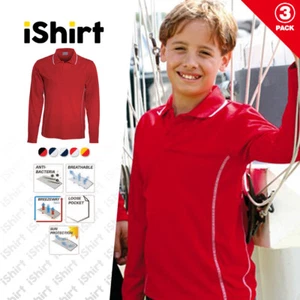 3PCX KIDS POLO SHIRT 100% POLYESTER COOL DRY STITCH ESSENTIALS LONG SLEEVE POLO - Picture 1 of 7