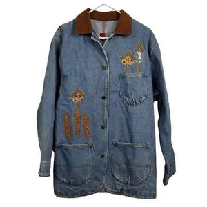 Vintage Sonnengürtel Denim Damen S Oversized bestickt Jeansjacke Katze Vogelhaus - Bild 1 von 7