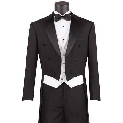 VINCI Men's Black Classic-Fit Tailcoat Tuxedo Suit w/ White Vest - NEW - Image 1 of 4