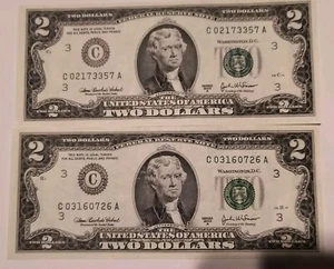 Two 2 TWO DOLLAR BILLS $2. Bills two 2003 Low Serial Numbers! Uncirculated notes - Picture 1 of 7