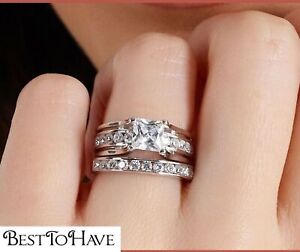 925 Silver Ladies 2 piece Wedding Engagement Princess Cut Ring Set