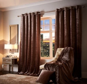 ESQUIRE MINK CURTAINS CUSHION THROW EYELET LINED RING CRUSHED VELVET TAN BEIGE - Picture 1 of 7