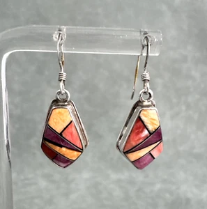 Vintage Tom Ronal Earrings Multi Spiny Oyster Inlay Earrings Sterling Navajo - Picture 1 of 11
