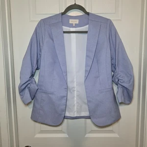 Skies Are Blue Blazer Jacket Womens XS Blue Curvy 3/4 Ruched Sleeve Open Front - Picture 1 of 12