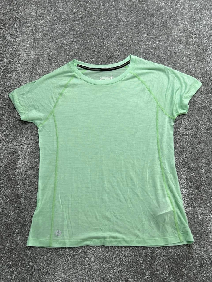 Camiseta Smartwool Active Ultralite para mujer mediana verde logotipo cuello en V manga raglán Foto 1 de 4