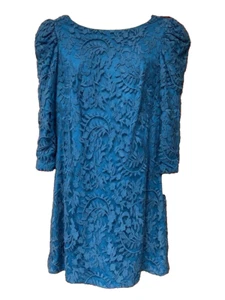 TADASHI SHOJI 12 WOMEN'S BLUE EMBROIDERED LACE OVERLAY PUFFY SLEEVE DRESS NEW - Picture 1 of 11