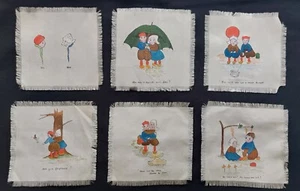 Set of 6 sweet VINTAGE handpainted fabric panels, Dutch couple, painted cartoon - Picture 1 of 7