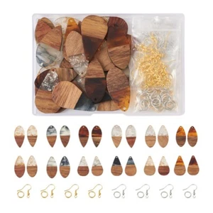 1Box Resin Walnut Wood Pendants DIY Teardrop Dangle Earring Jump Ring Making Kit - Picture 1 of 8
