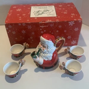 Dept 56 JOLLY ST. NICK CHRISTMAS TEA SET 4 Reindeer Cups Santa Handpainted 13320 - Picture 1 of 10