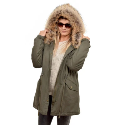 Long Women's Military Parka With Raccoon Fur Hood Trim! Jacket Coat Real Fur FOX - Image 1 of 4