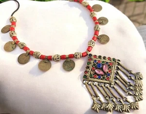 Handmade Banjara Vintage Kuchi Tribal Boho Glass Beads Coins Pendant Necklace - Picture 1 of 3