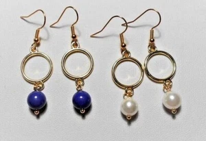 8mm Shell Pearl earrings, 51mm total length, Gold - White or Navy Blue (SH3C4) - Picture 1 of 5