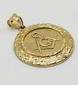 10K Yellow Gold* Masonic Circular Pendant/Charm Diamond Cut Round Gold - Picture 1 of 7