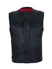 Mens Original Leather Vest Club Motorbike Vest With Red Liner, Zipper, No Collar