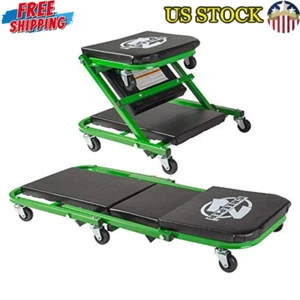 Mechanic Creeper Seat Swivel Casters 300 Lbs Capacity Vinyl Padded Black/Green - Picture 1 of 5