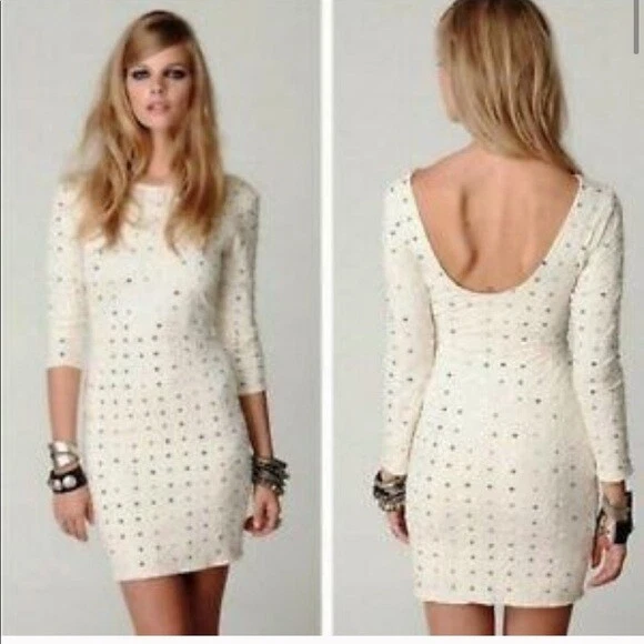 Free People L White Ivory Embellished Polka Dot Body Cone Long Sleeve Dress AR - Image 1 of 4
