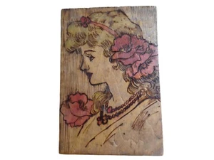 Antique Art Nouveau Pyrography Girl Design Burnt Wood Box - Picture 1 of 10