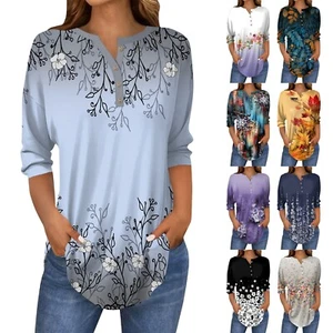 3/4 Length Sleeve Womens Tops Summer T-Shirts Floral Print V Neck Casual Basic - Picture 1 of 42