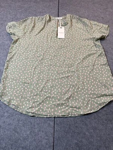 Pleione Blouse Womens Medium Green Floral Pleat Split Neck Short Sleeve Pullover - Picture 1 of 9