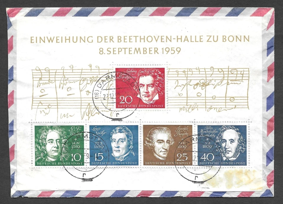Stamp Cover FDC 59' German Composer Beethoven Handel Haydn Bonn Darmstadt 804a-e - Image 1 of 2