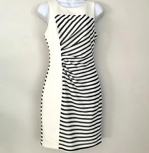 Guess Size 4 Dress Sheath White Black Stripes Ruched Side Sleeveless Lined - Picture 1 of 7