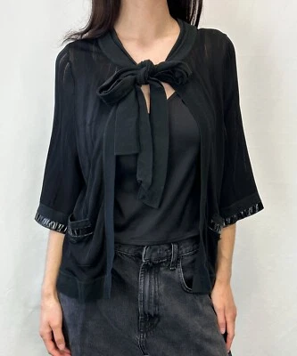 Chaqueta cárdigan abierta tejida vintage CHANEL 38 6 EE. UU. negra pajarita vinilo recorte Foto 1 de 4