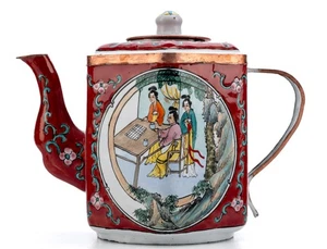 Mid Century chinesischer Stil sechseckige Teekanne handbemalt Kupfer Messing Emaille 5x4" - Bild 1 von 15