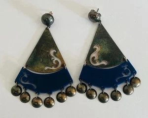 Pendientes colgantes vintage modernistas hechos a mano firmados de plata de ley - Imagen 1 de 19
