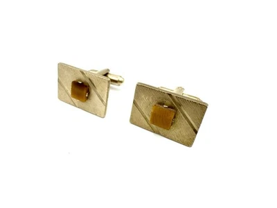 Vintage Dante Gold Rectangle Tigers Eye Stone Mid Century 1950 1960 Cufflinks - Image 1 of 4