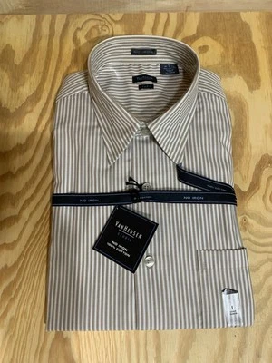 Van Heusen Studio Dress Shirt M L 16-16.5 Striped Brown No Iron 100% Cotton NWT - Image 1 of 4