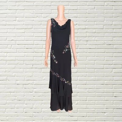 Vintage Y2K Black Chiffon Bias Cut Maxi Dress Floral Sequin Beading Size 8 — 第 1/4 张图片