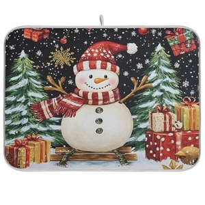 Christmas Dish Drying Mat 16x18" Snowman Scarf Hat Green Pine Trees Bird - Picture 1 of 7