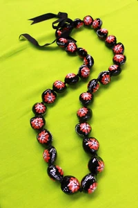 Hawaii Wedding Kukui Nut Lei Necklace ~ Black W/ Red Hibiscus/Hawaii ( QTY 2 ) - Picture 1 of 5