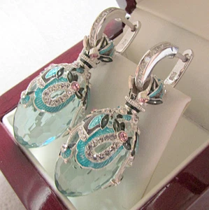 SALE ! STUNNING RUSSIAN AQUAMARINE STERLING SILVER 925 EARRINGS WITH ENAMEL - Picture 1 of 1