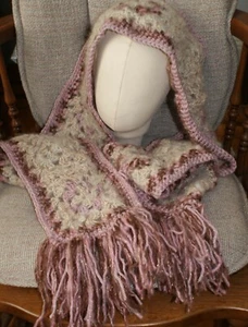 Handarbeit Fransen Schal Dusty Rose hellbraun creme Mohair Glitzer Unikat gehäkelt  - Bild 1 von 4