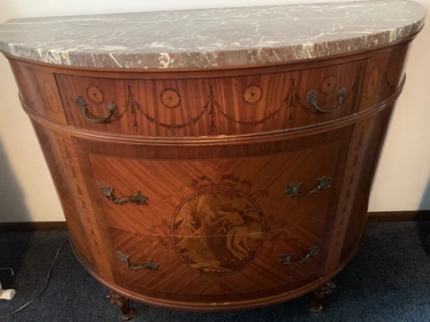 VINTAGE ANTIQUE FRENCH MARBLE TOP DEMILUNE COMMODE CHEST WITH MARQUETRY INLAY Cover