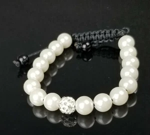 Bracciale donna perle bianche micro pavè zirconi disco 10mm sfere perline alta qualità - Foto 1 di 8