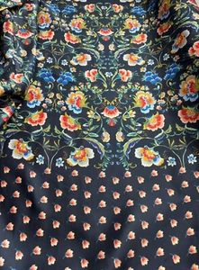 Johnny Was Black with Bright Floral Border Print 100% Silk Twill Fabric - Picture 1 of 7