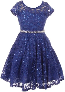 Royalblau Blumen Spitze Top Glitzer Perlen Hochzeit Tanz Party Blumenmädchen Kleid - Bild 1 von 5