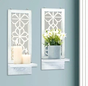 Rustic Wall Décor Candle Sconces, Farmhouse White Mirror Candle Sconces, 2 Pk - Picture 1 of 11
