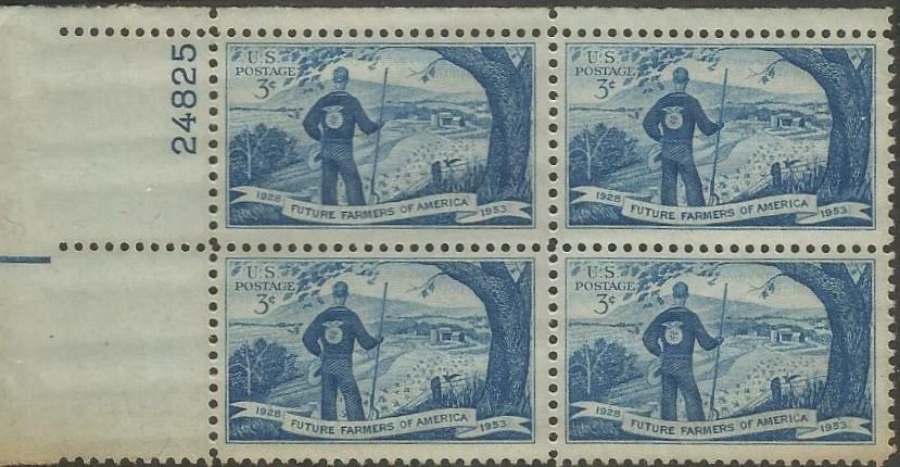 Plate Block of 4 stamps - Scott 1024 - 3 cent - Future Farmers - 1953 - MNH - Image 1 of 1