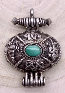 Vintage Etruscan Chinese Natural Turquoise Old Antique 800 Silver Pendant - Picture 1 of 8