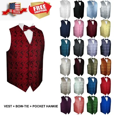 Men's Paisley Formal Tuxedo Vest, Bow-Tie, Hankie Wedding Prom Cruise Homecoming - Image 1 of 2