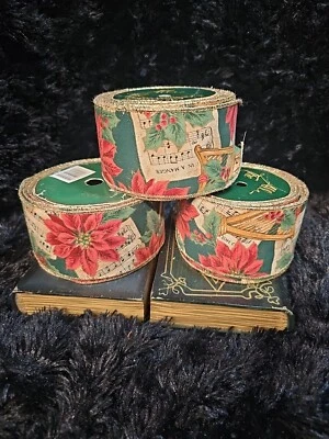 Vtg Christmas Ribbon 2.5 Inch Poinsettia And Music Pages All 3 Almost Full - Image 1 of 4